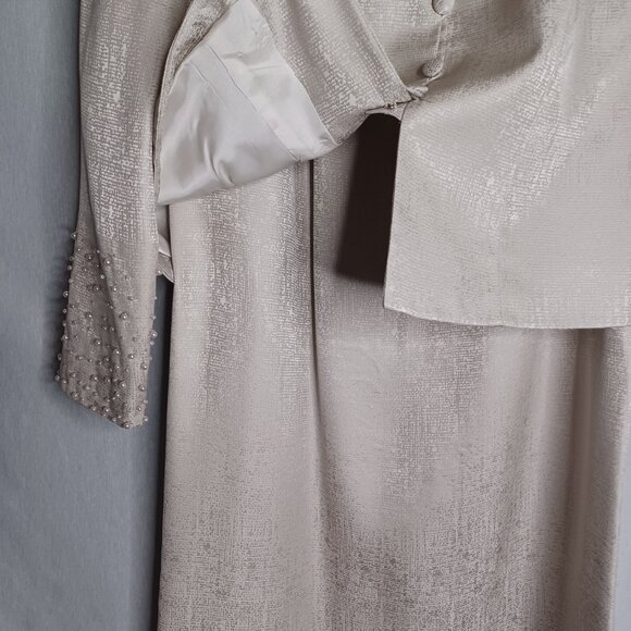 Adrianna Papell Skirt Suit Silk 2pc Womens 10 Beige/Silver Faux Pearl Beaded - Picture 6 of 16